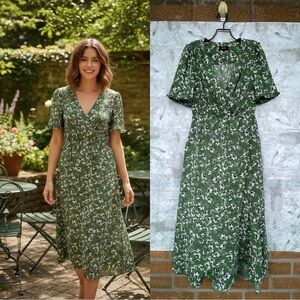ME+EM GREEN/WHITE FLORAL MAXI DRESS, WRAP DETAIL. Size UK8/USA 4